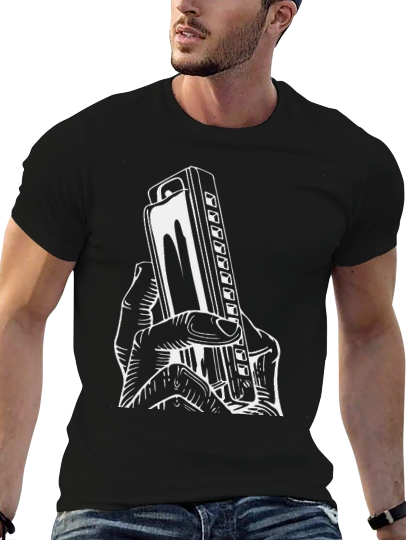 Harmonica Player T-Shirt - Black Graphic Tee