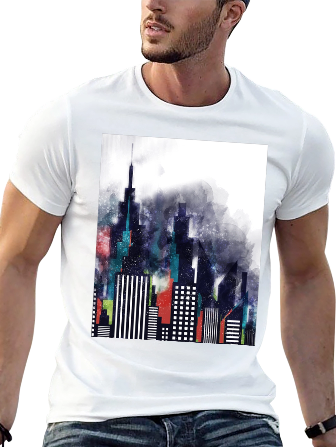 Modern Cityscape Graphic Tee - Black Cotton Blend