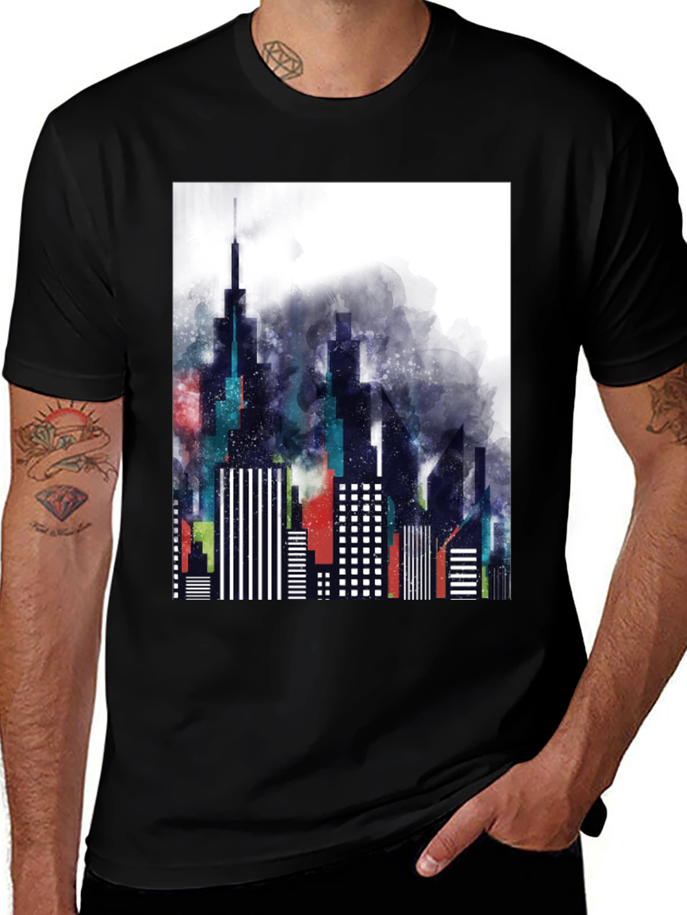 Modern Cityscape Graphic Tee - Black Cotton Blend