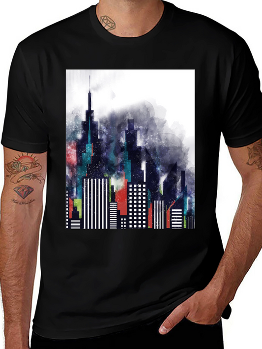 Modern Cityscape Graphic Tee - Black Cotton Blend