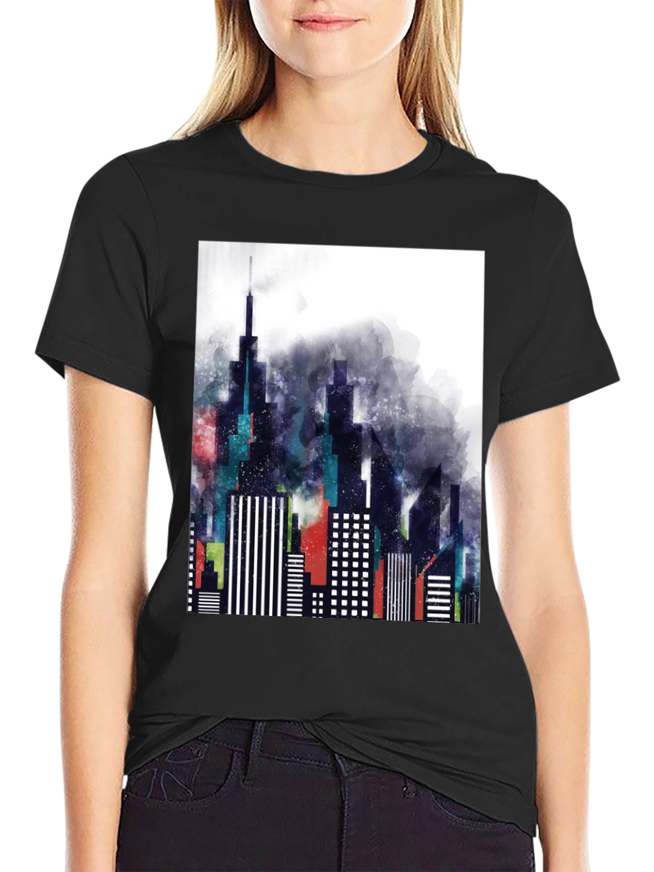 Modern Cityscape Graphic Tee - Black Cotton Blend