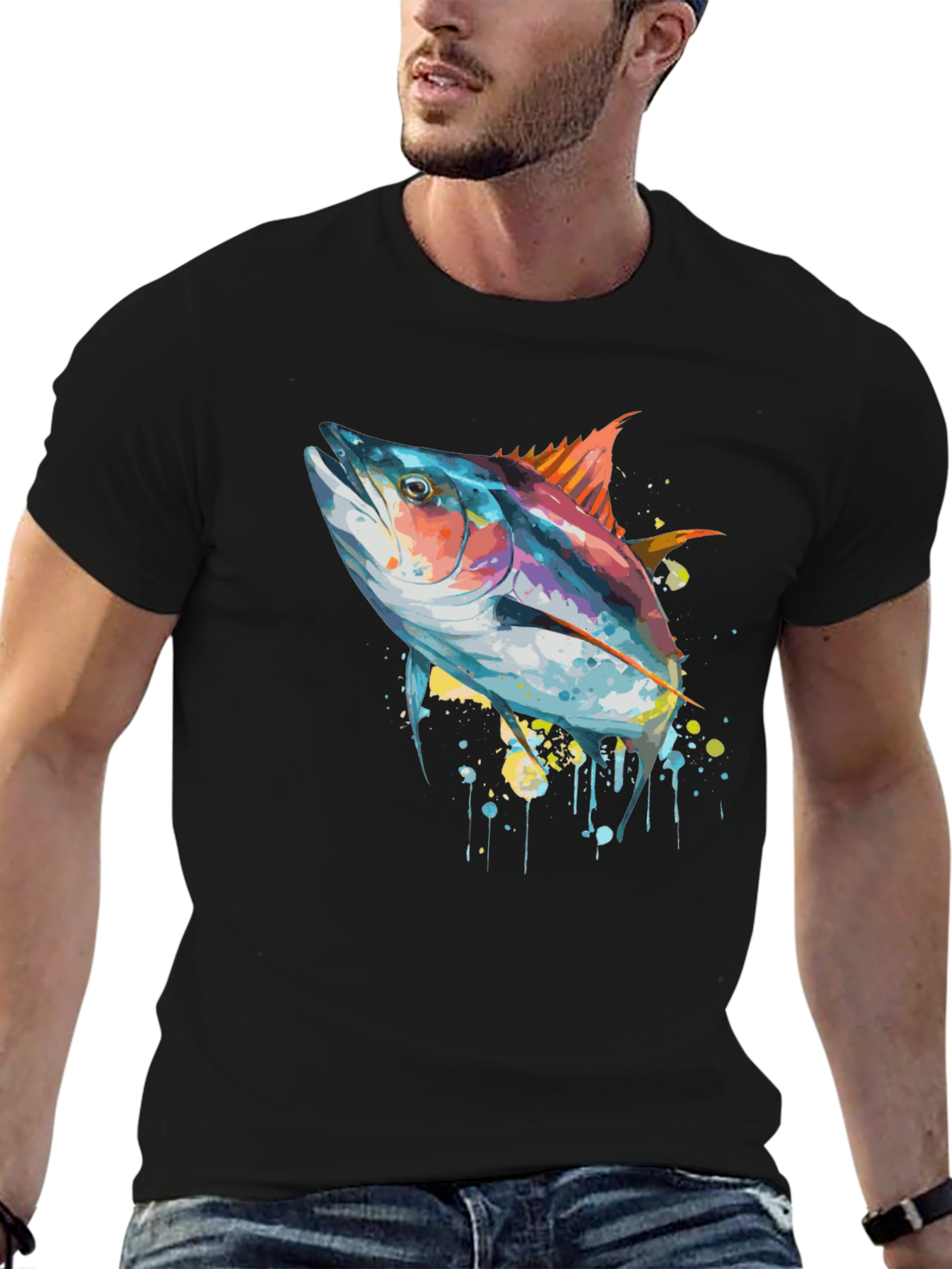 Stylish Tuna Fish Graphic Tee - Black