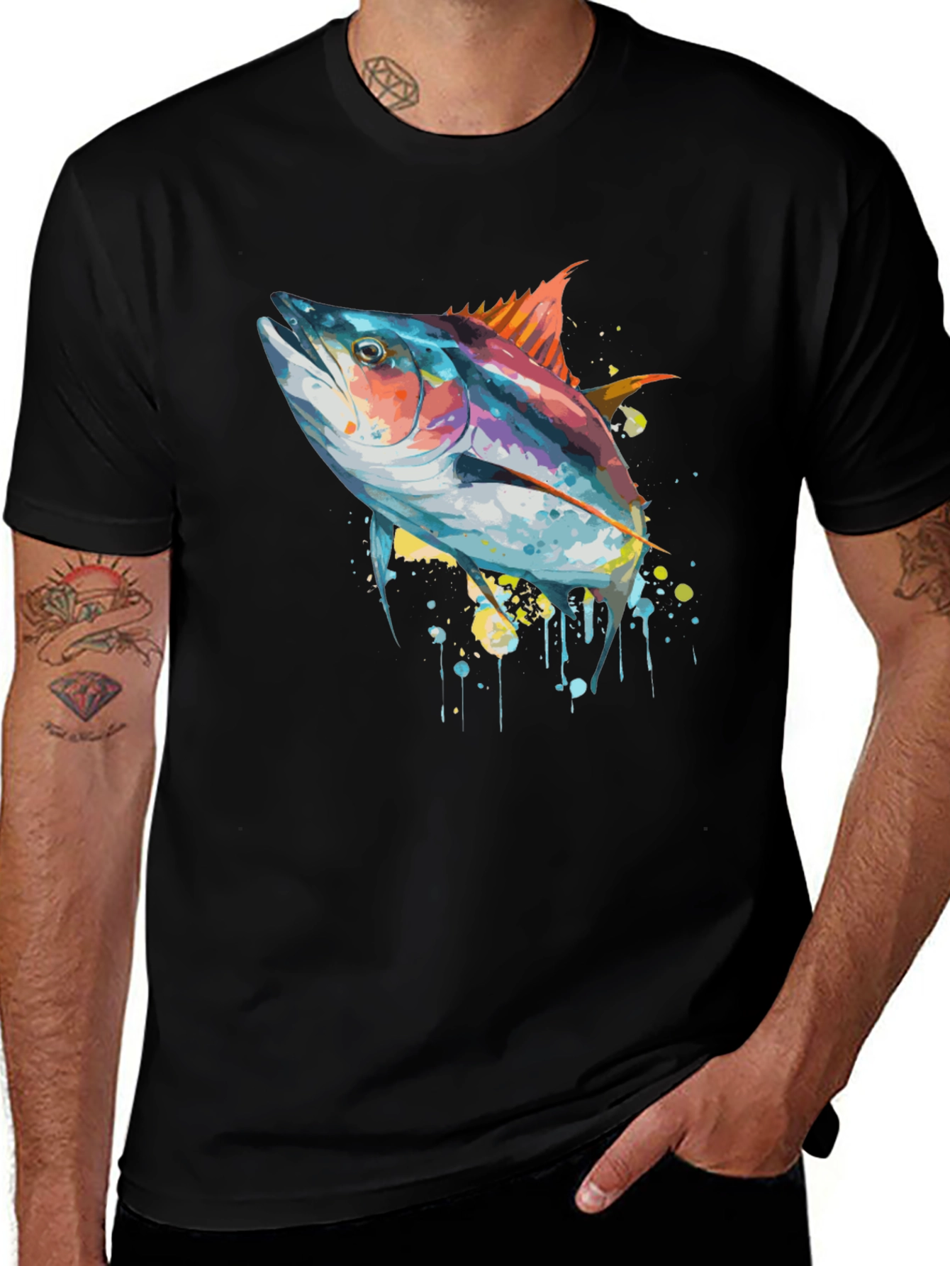 Stylish Tuna Fish Graphic Tee - Black