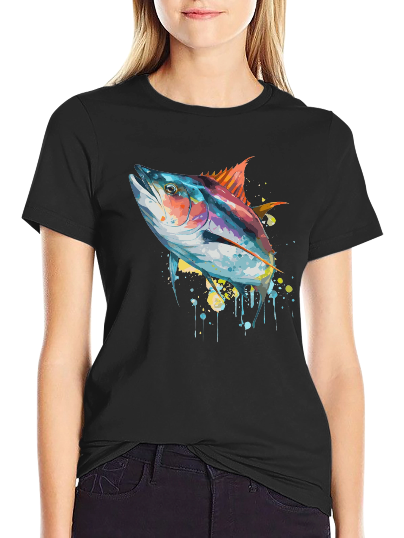 Stylish Tuna Fish Graphic Tee - Black