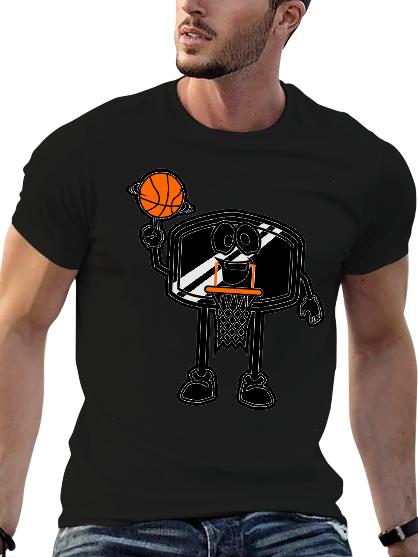 Cartoon Basketball Hoop Black T-Shirt