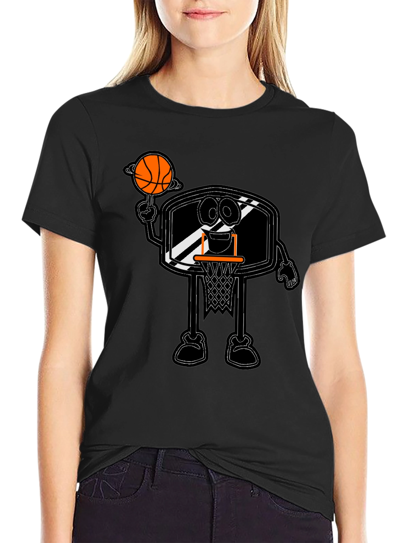 Cartoon Basketball Hoop Black T-Shirt
