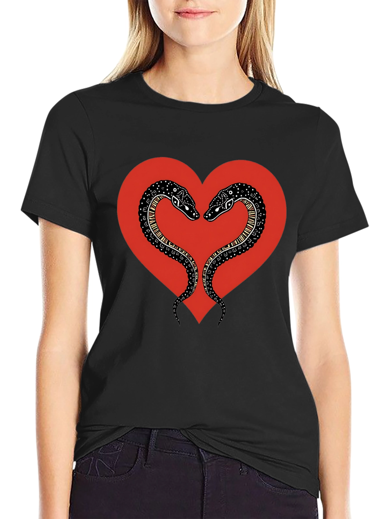 Snake Heart Graphic Tee - Black Cotton T-Shirt