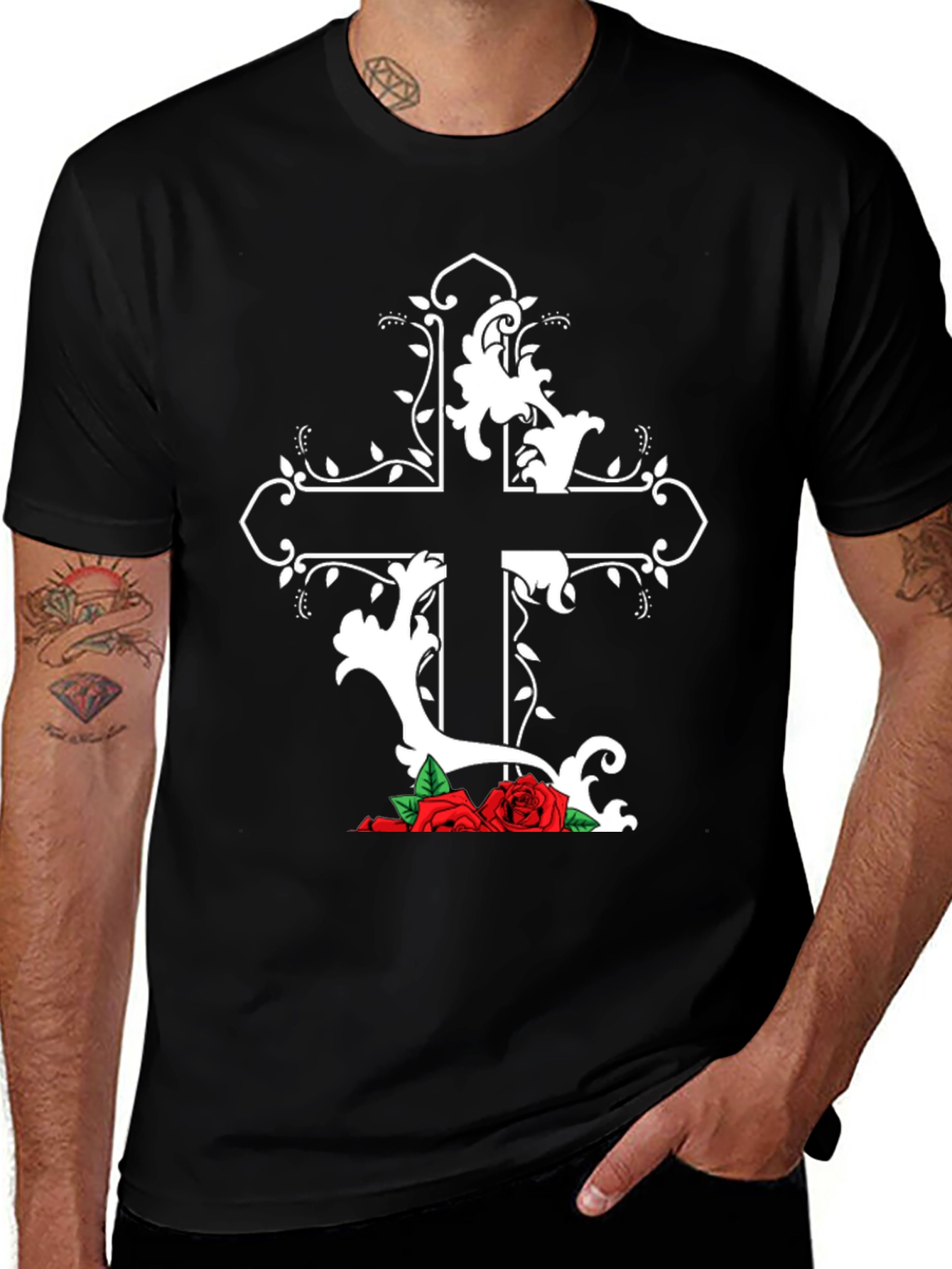 Gothic Cross & Roses Black T-Shirt