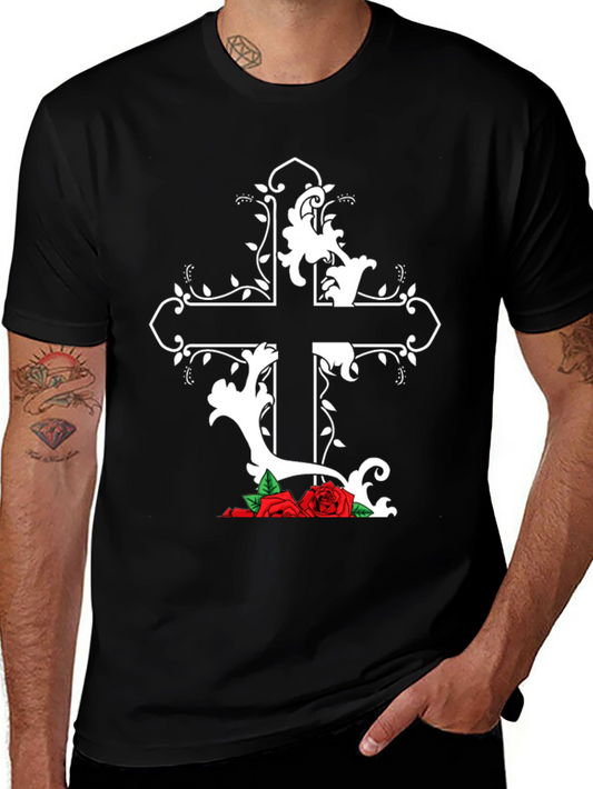 Gothic Cross & Roses Black T-Shirt