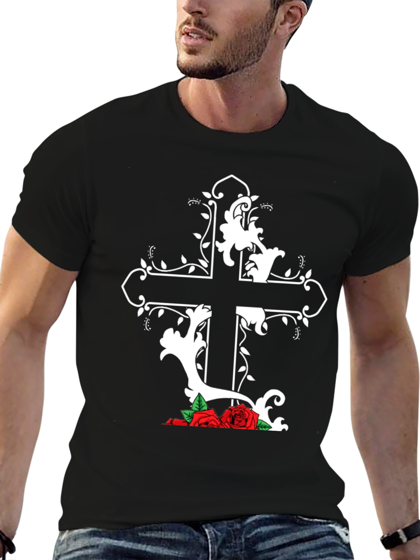 Gothic Cross & Roses Black T-Shirt