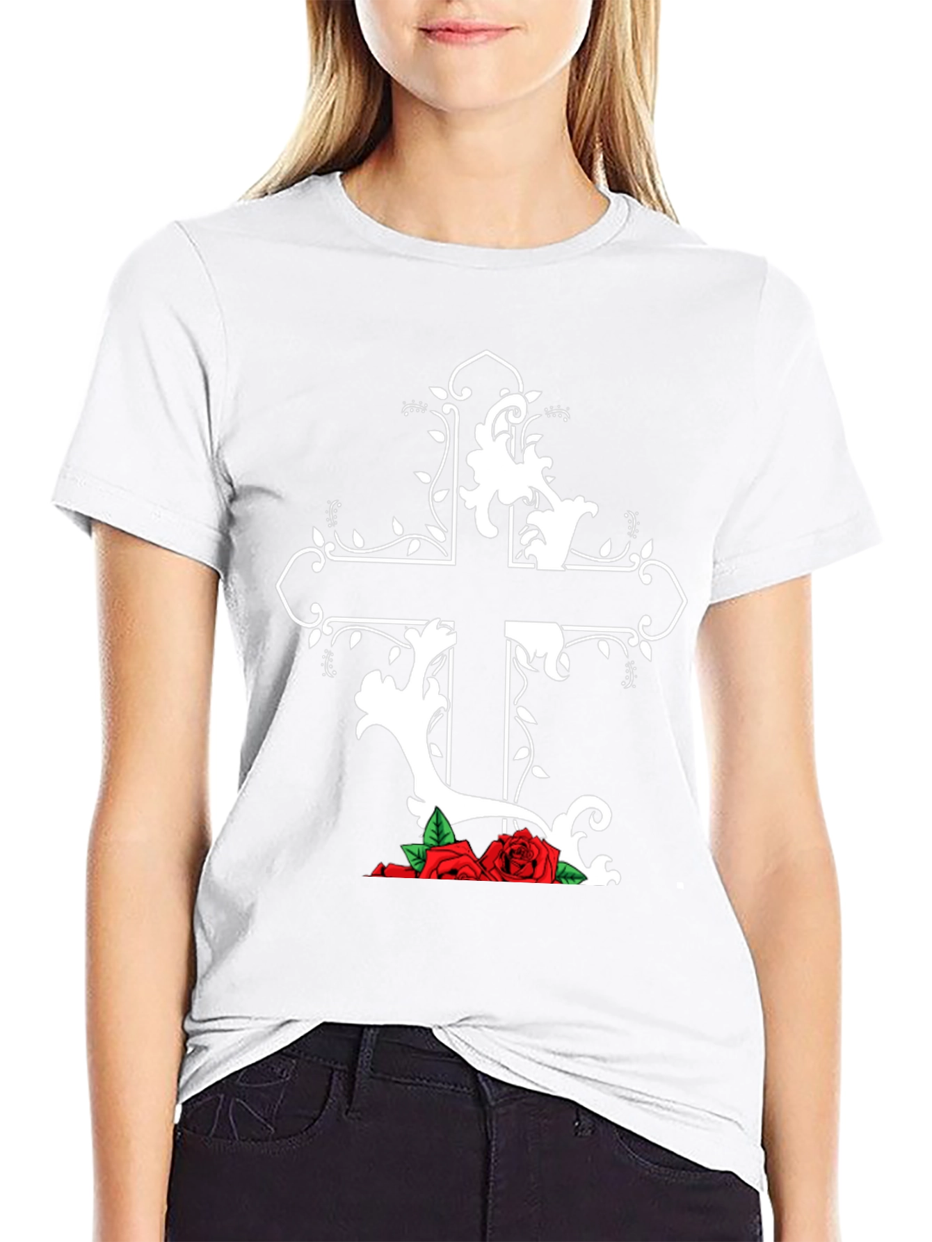 Gothic Cross & Roses Black T-Shirt