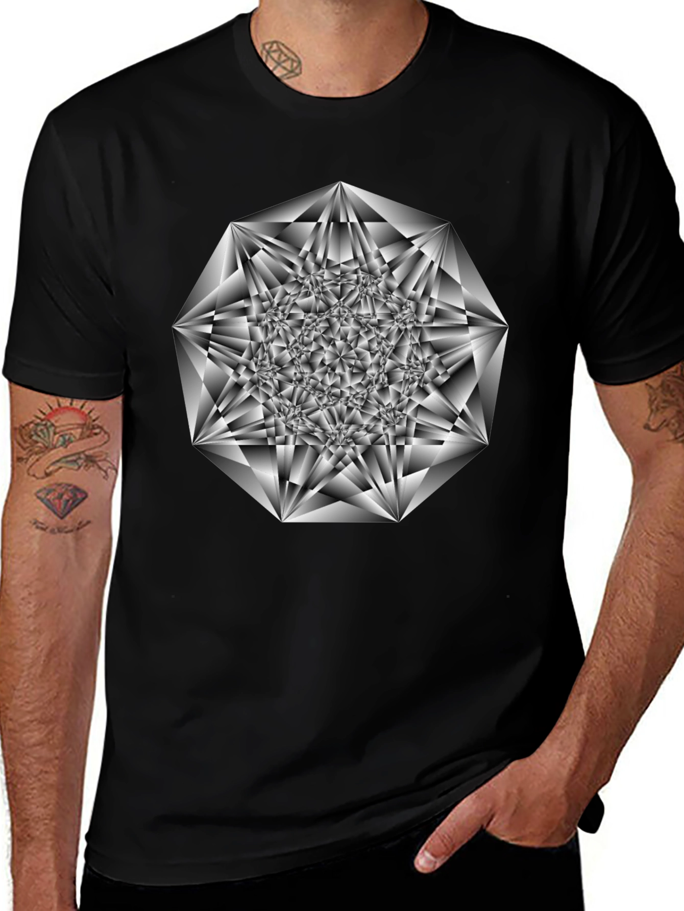 Geometric Diamond Graphic Tee - Black