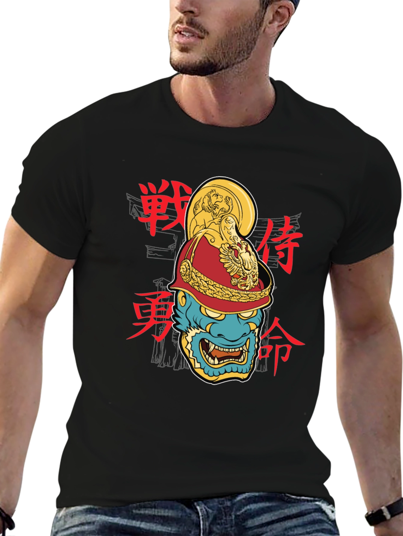 Samurai Warrior Mask Graphic Tee - Black