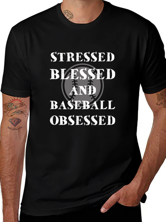 Stressed Blessed Baseball Obsessed Black T-Shirt