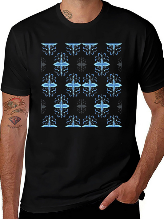 Stylish Black Tee with Blue Floral Pattern