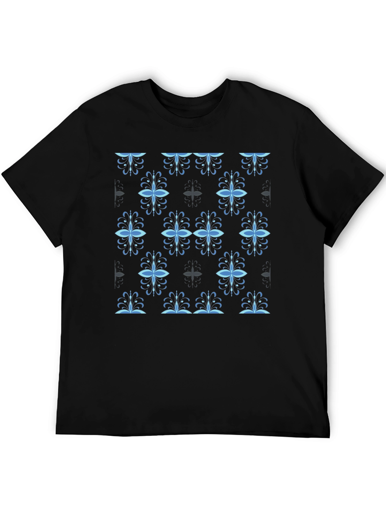 Stylish Black Tee with Blue Floral Pattern