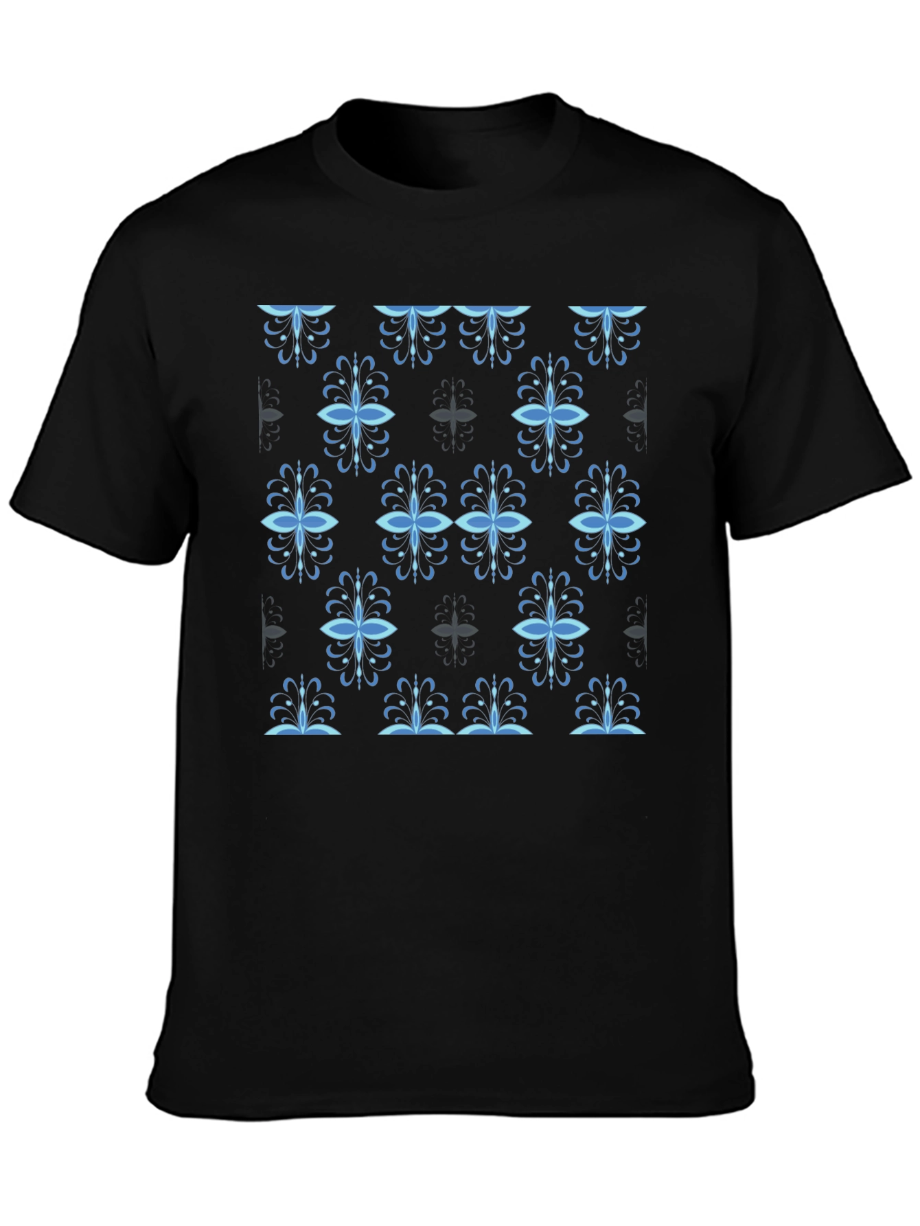Stylish Black Tee with Blue Floral Pattern