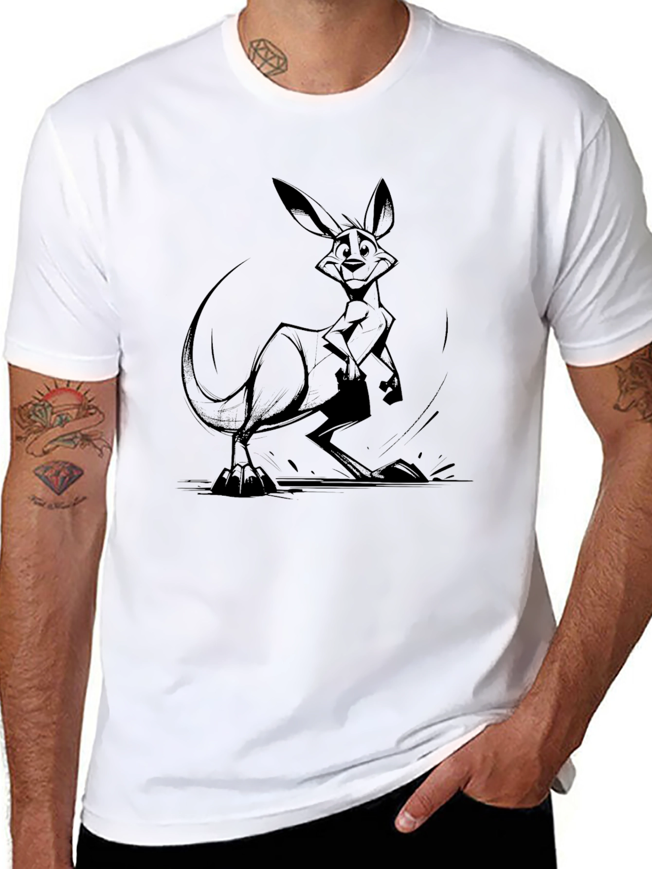 Kangaroo Graphic Tee - Black Cotton Casual T-Shirt
