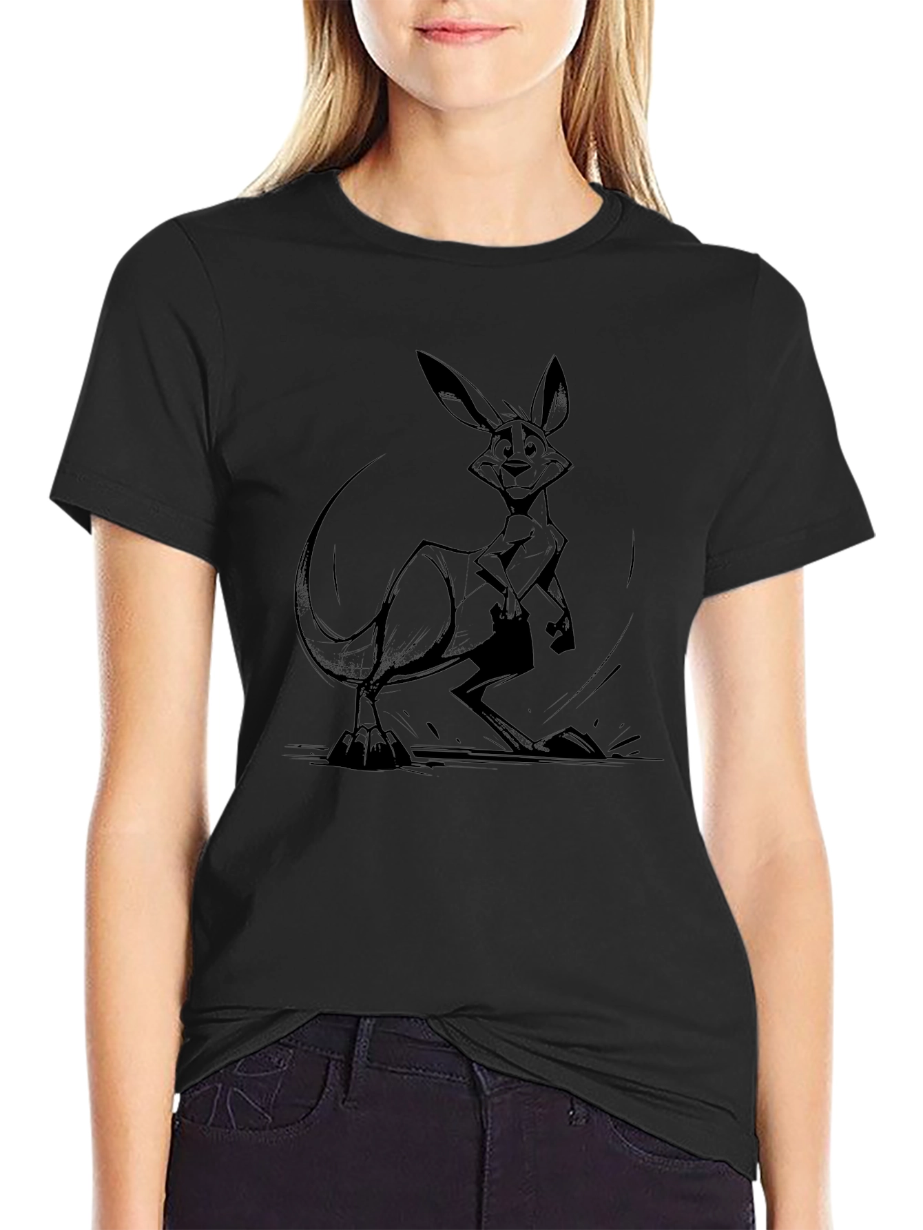 Kangaroo Graphic Tee - Black Cotton Casual T-Shirt
