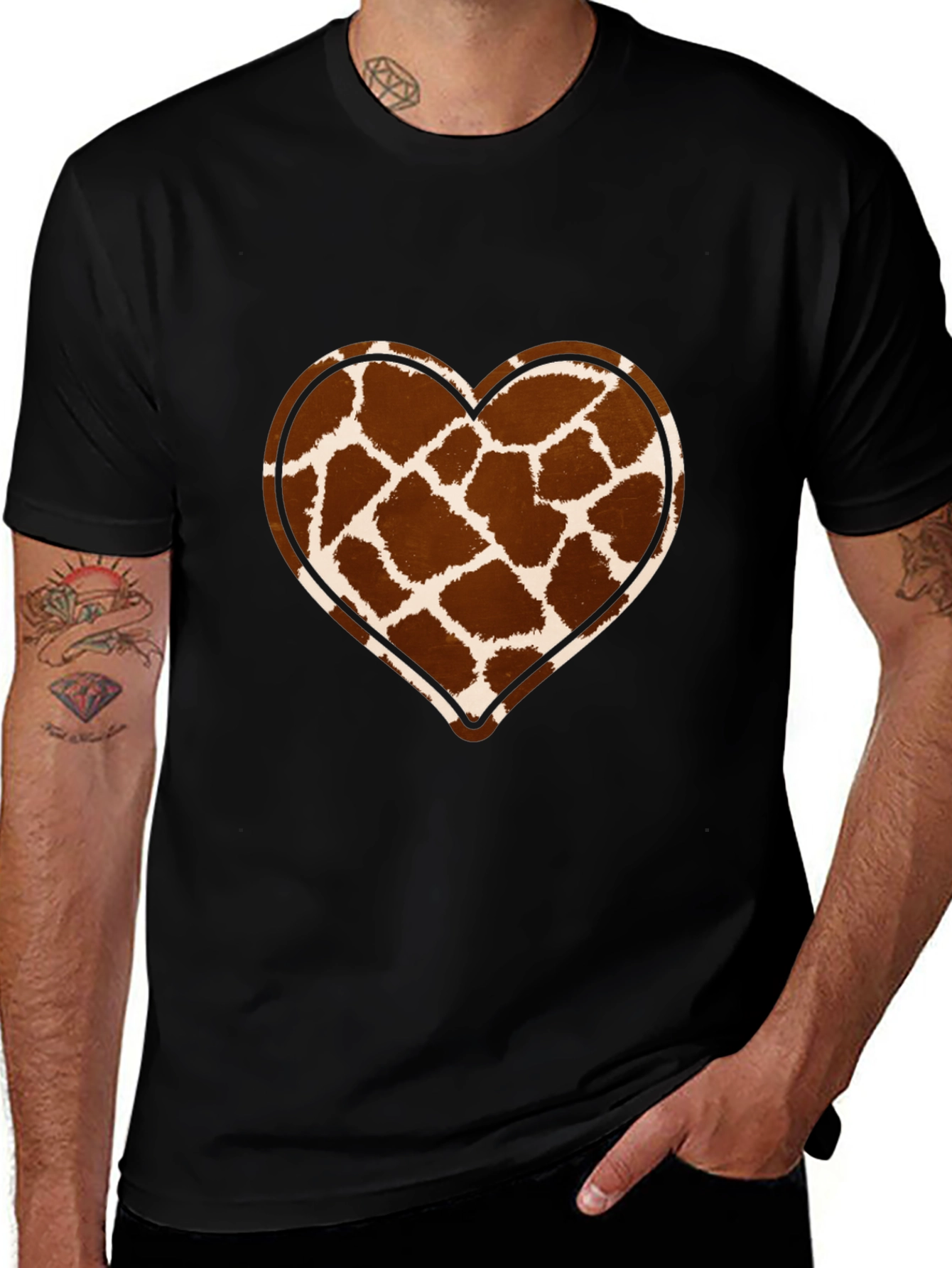 Giraffe Print Heart Graphic Tee - Trendy Casual Shirt