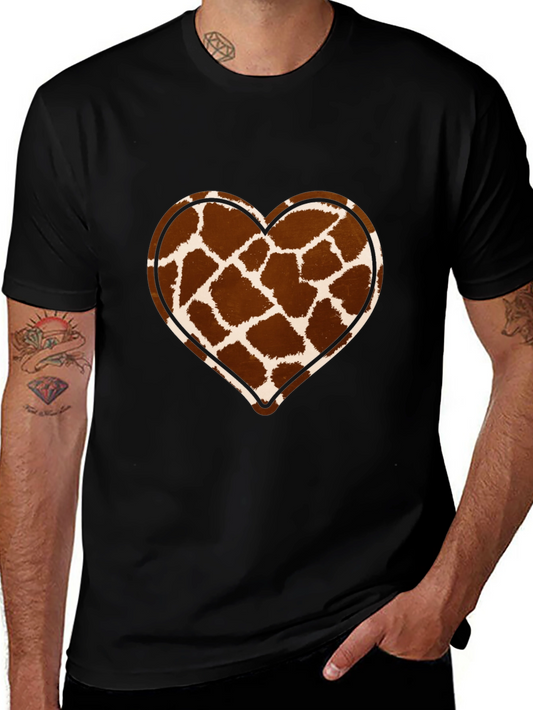 Giraffe Print Heart Graphic Tee - Trendy Casual Shirt