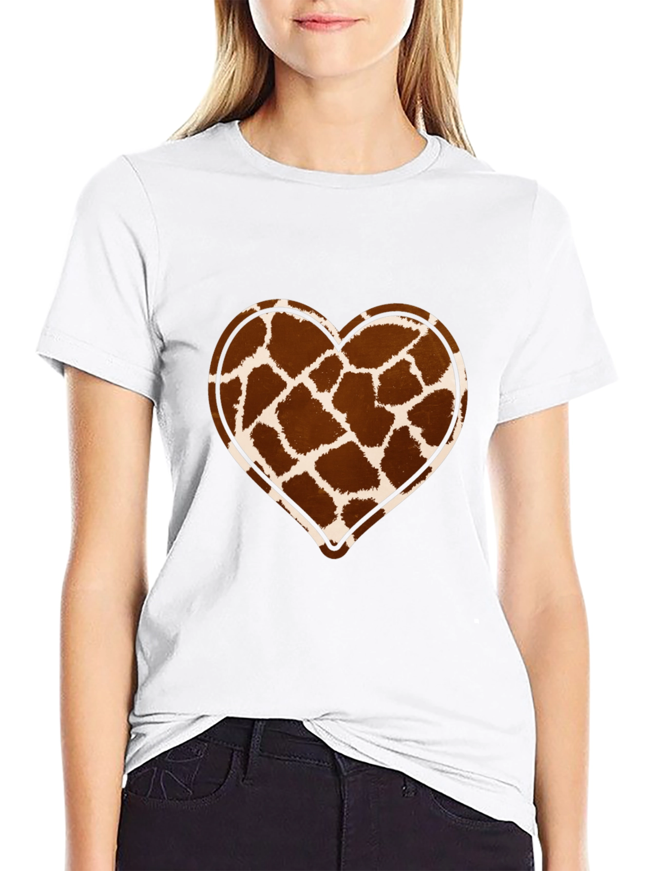 Giraffe Print Heart Graphic Tee - Trendy Casual Shirt