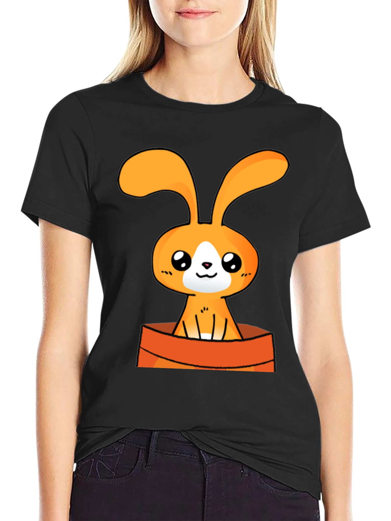 Cute Cartoon Bunny Graphic Tee - Black Cotton T-Shirt