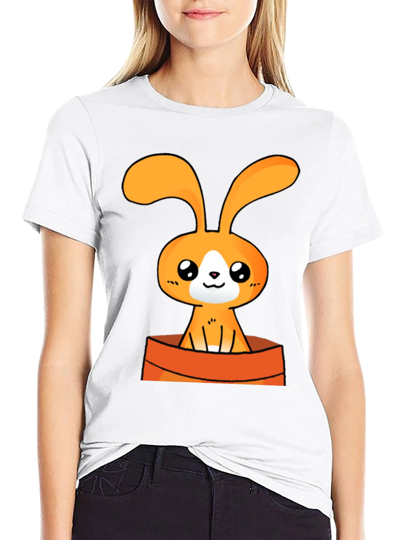Cute Cartoon Bunny Graphic Tee - Black Cotton T-Shirt