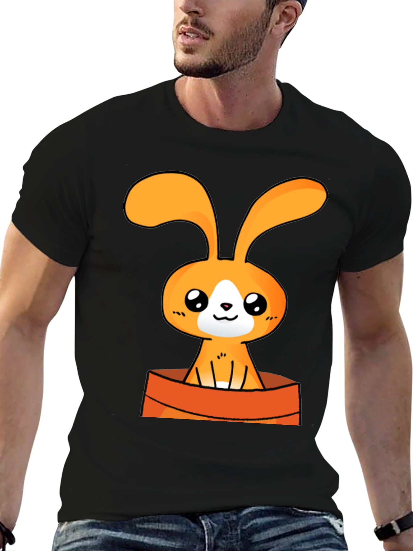 Cute Cartoon Bunny Graphic Tee - Black Cotton T-Shirt