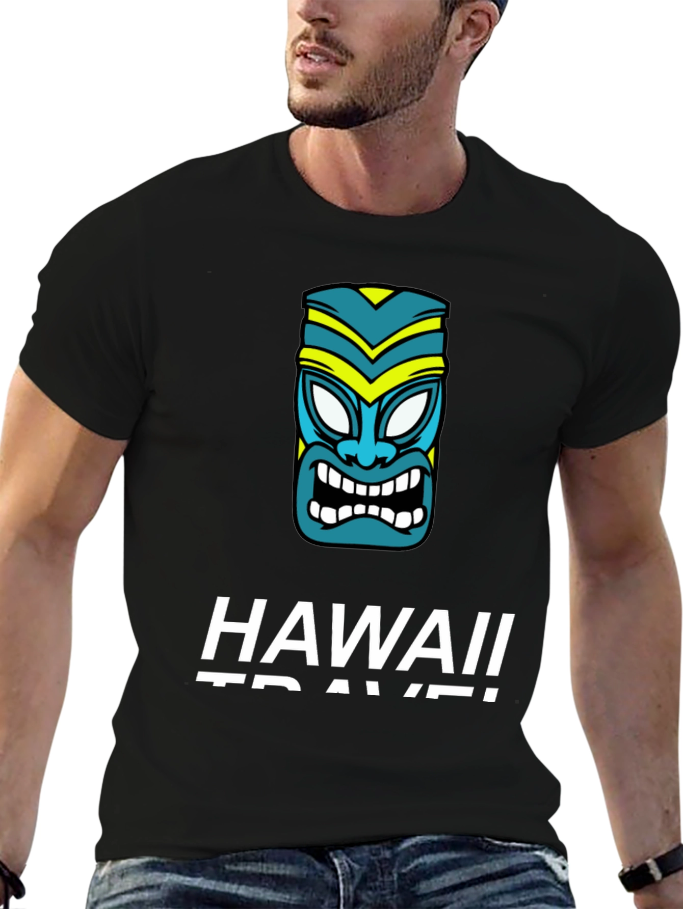 Hawaii Travel T-Shirt with Tiki Mask Graphic