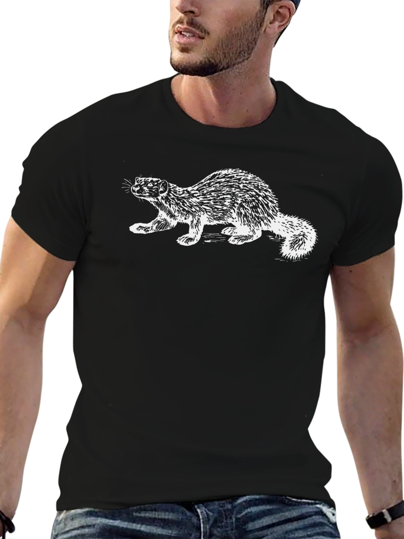 Black T-Shirt with White Fisher Illustration