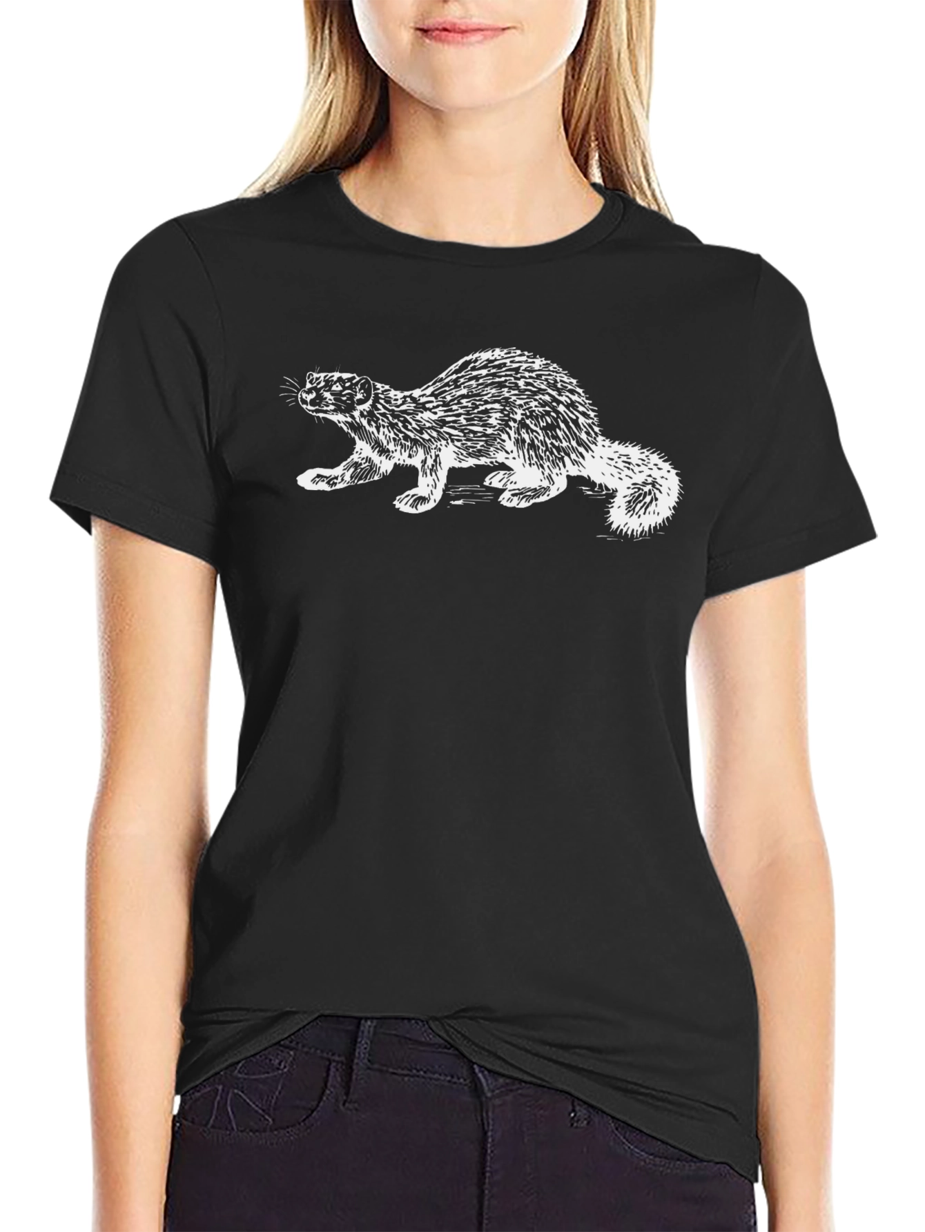 Black T-Shirt with White Fisher Illustration