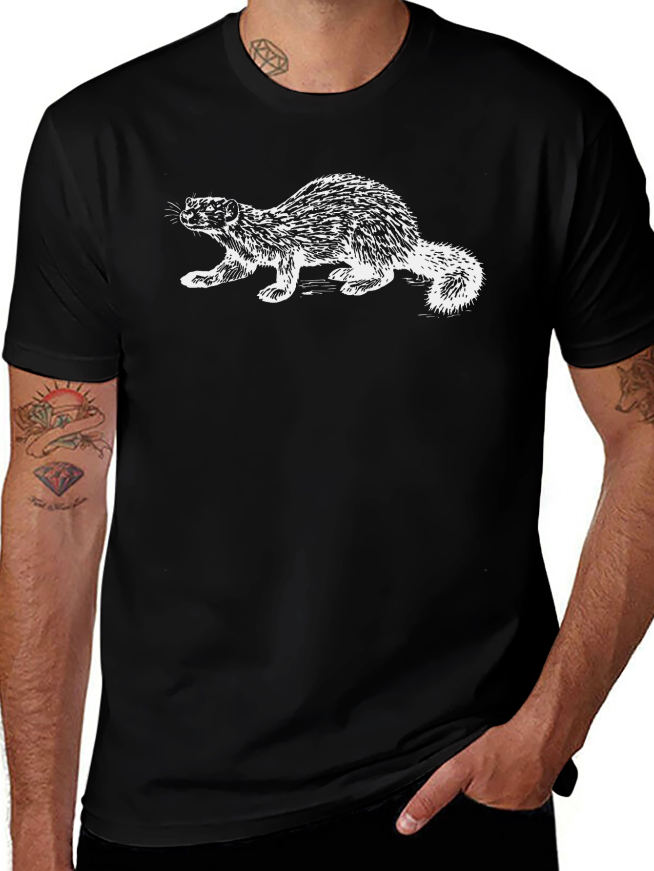 Black T-Shirt with White Fisher Illustration