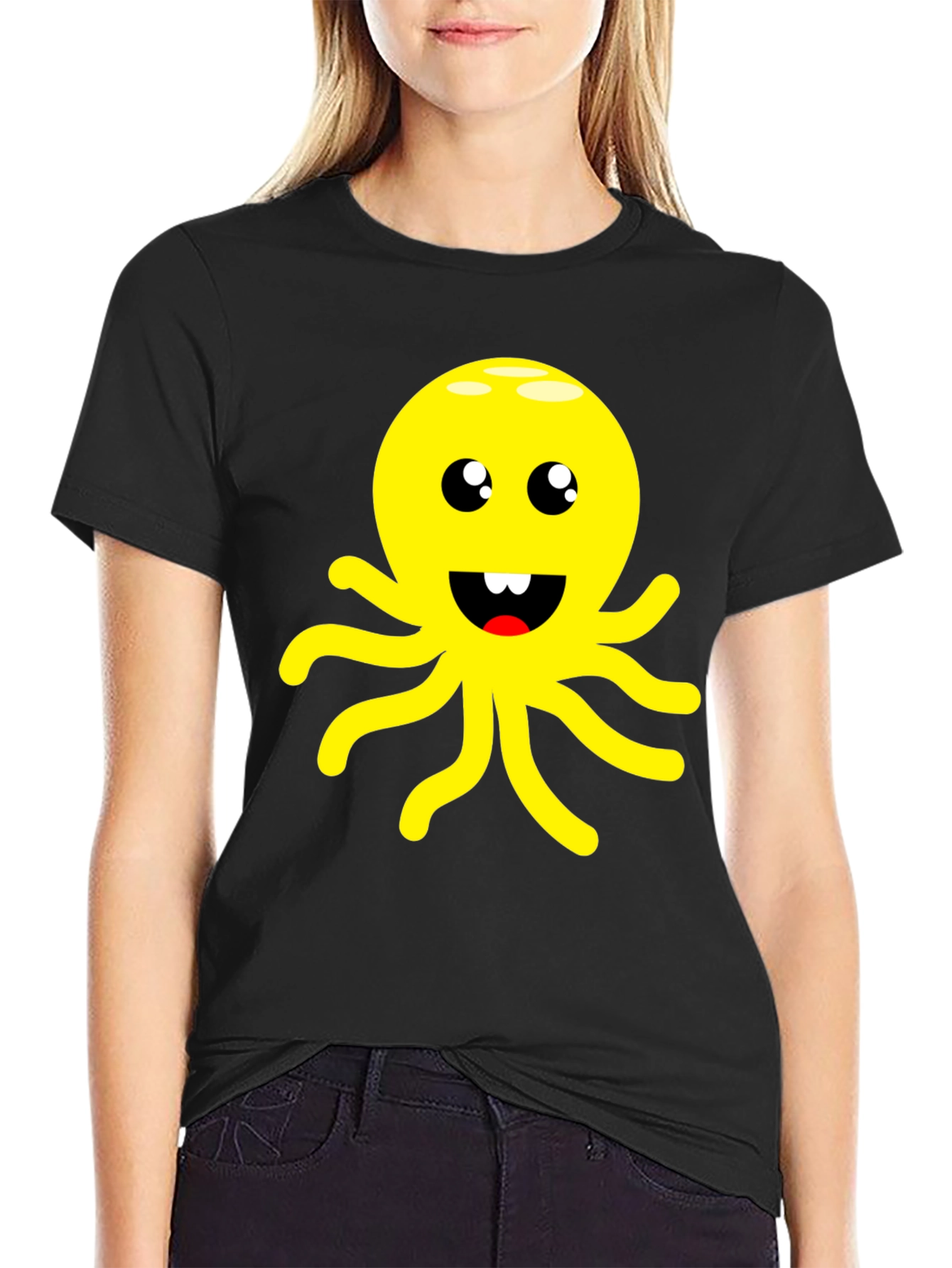 Cute Cartoon Octopus Graphic Black T-Shirt