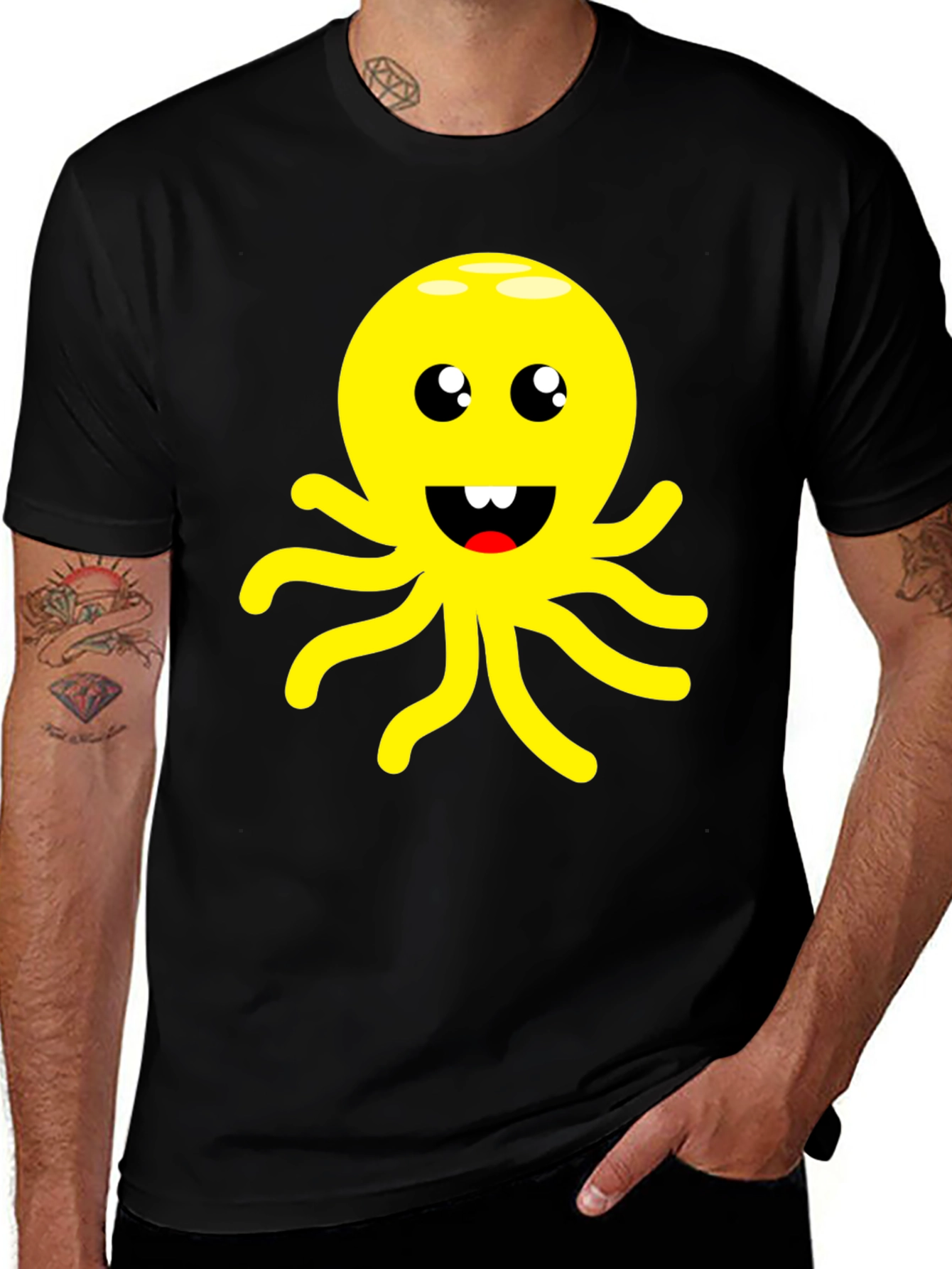 Cute Cartoon Octopus Graphic Black T-Shirt