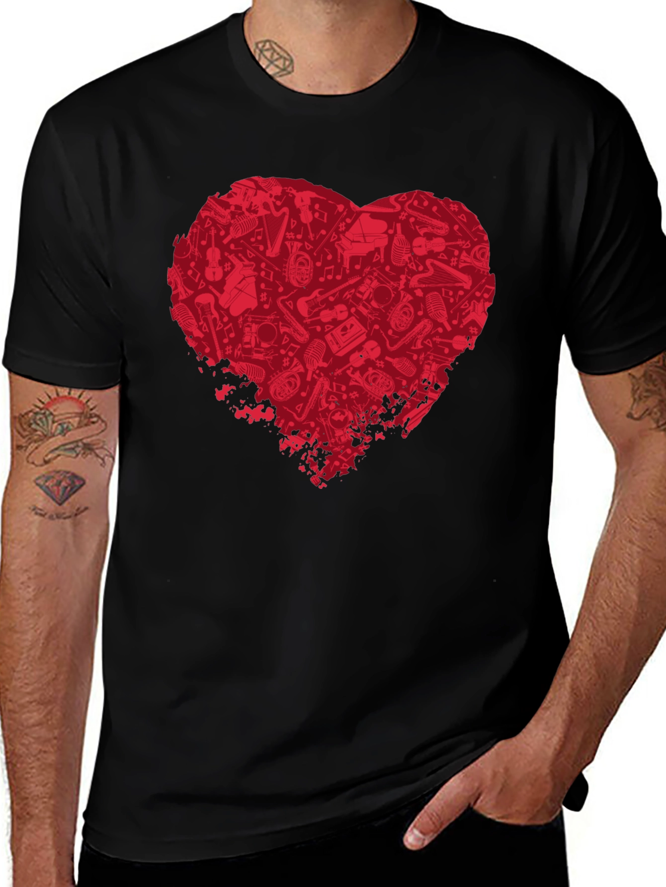 Music Lovers Heart T-Shirt - Black Cotton