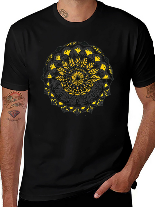 Black T-Shirt with Yellow Mandala Design