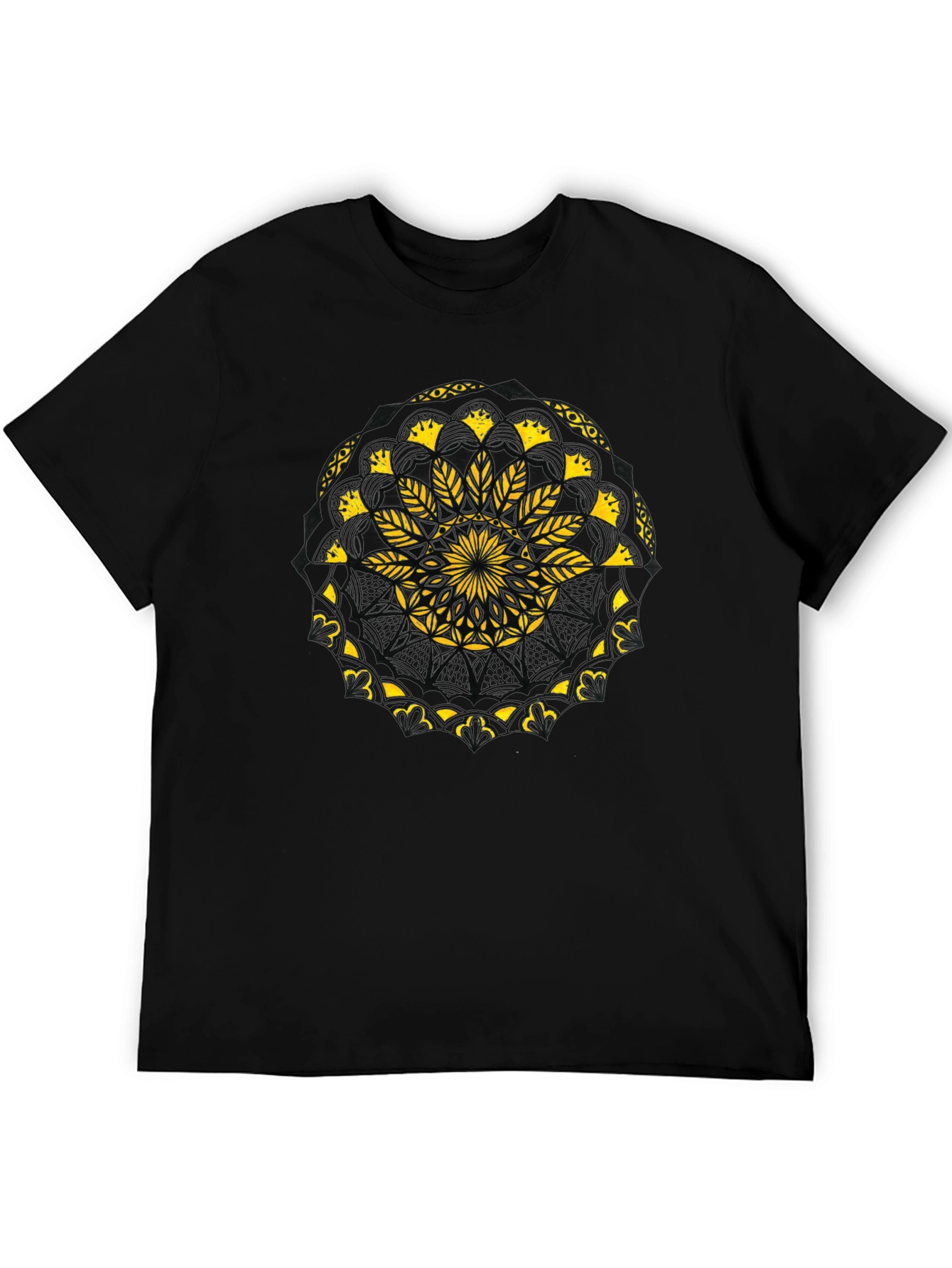 Black T-Shirt with Yellow Mandala Design