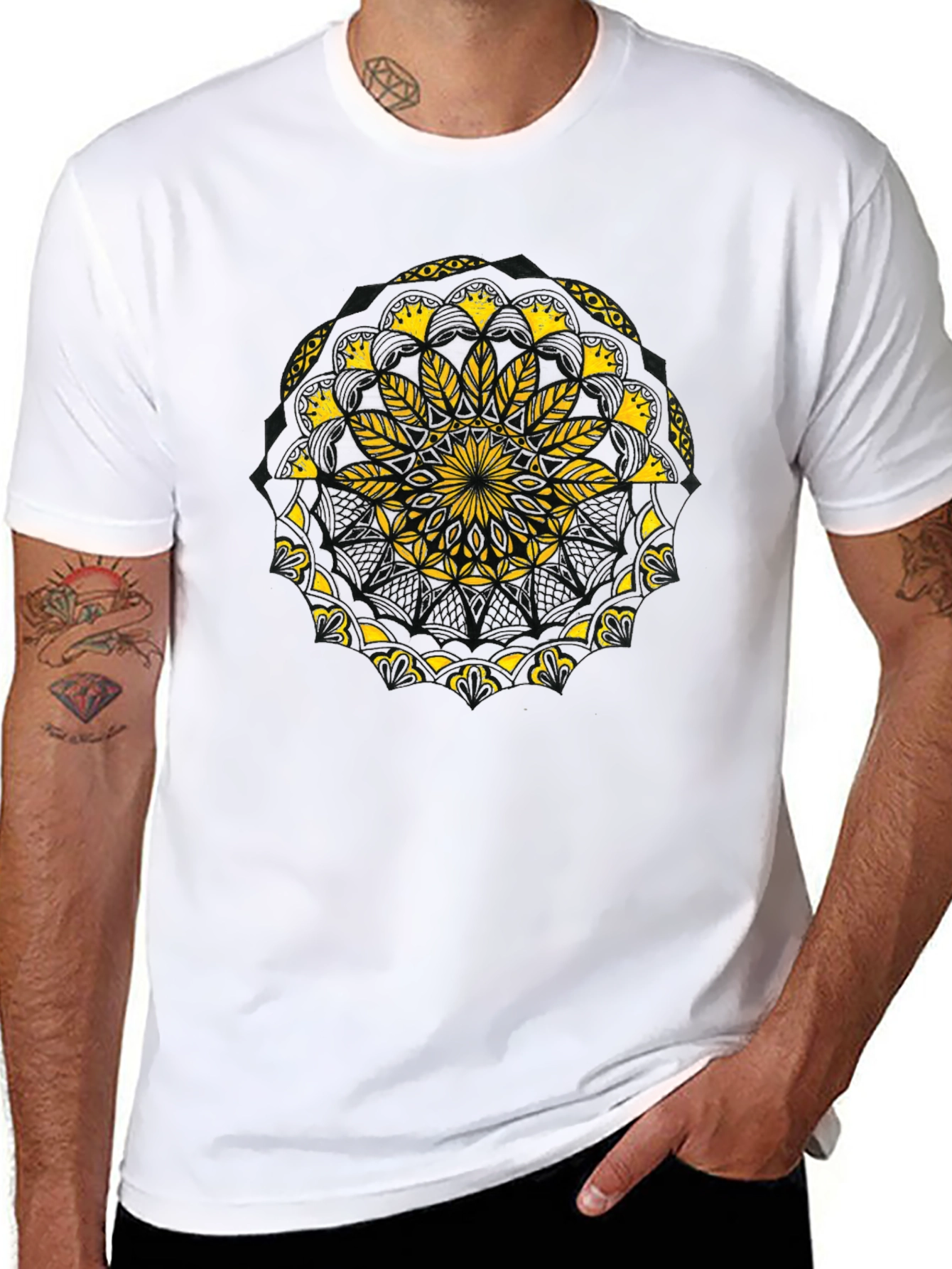 Black T-Shirt with Yellow Mandala Design