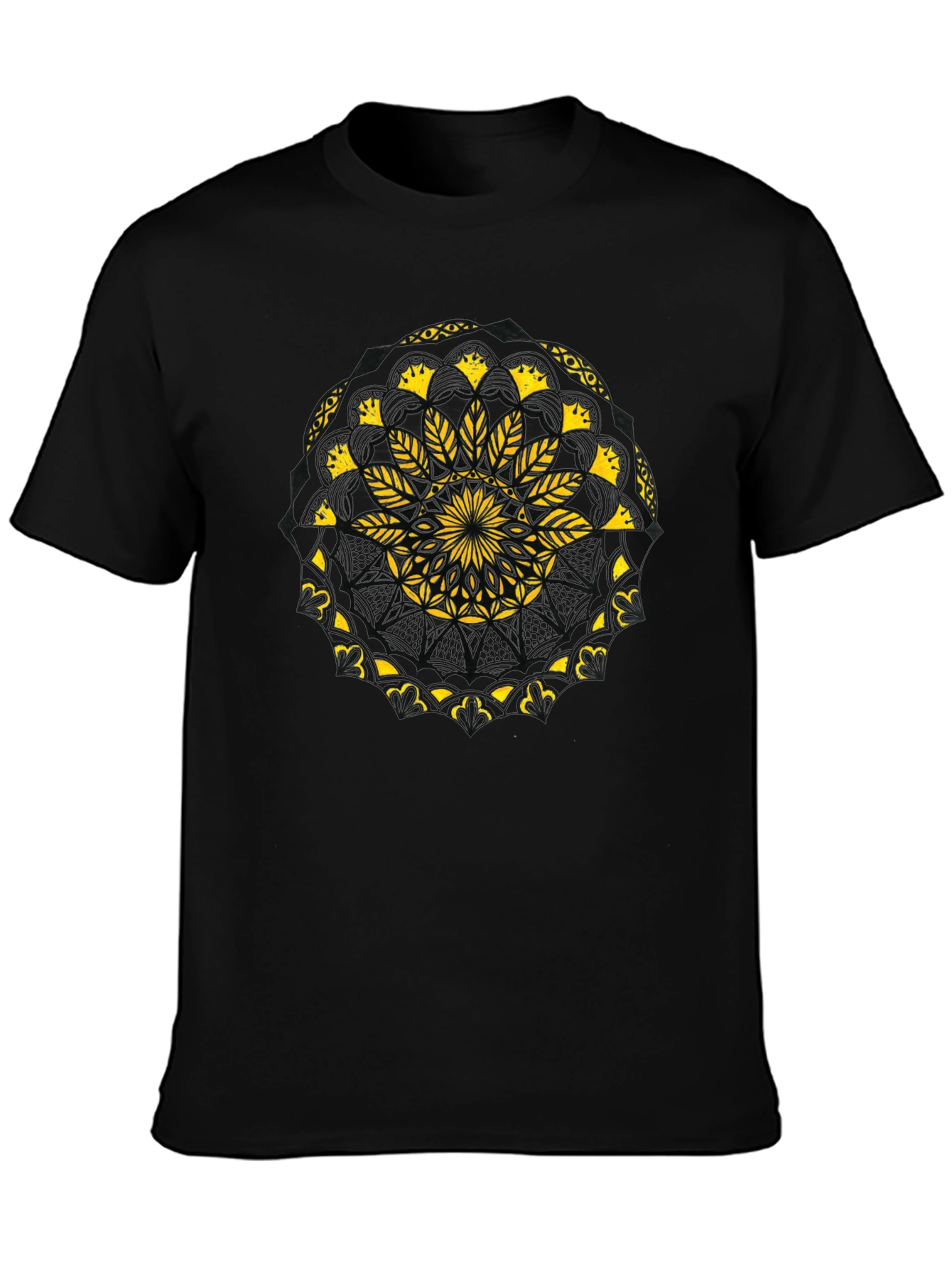 Black T-Shirt with Yellow Mandala Design