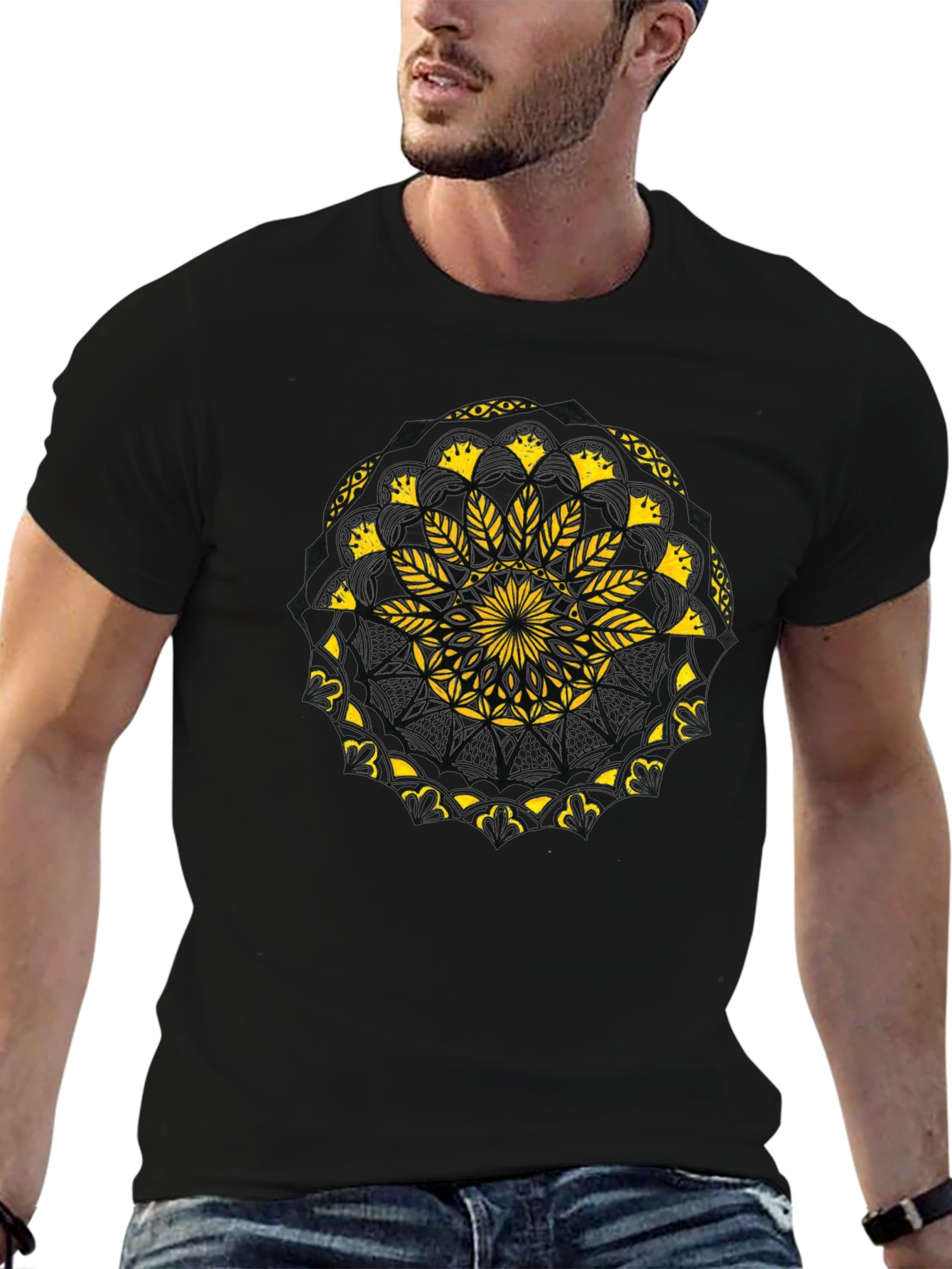 Black T-Shirt with Yellow Mandala Design