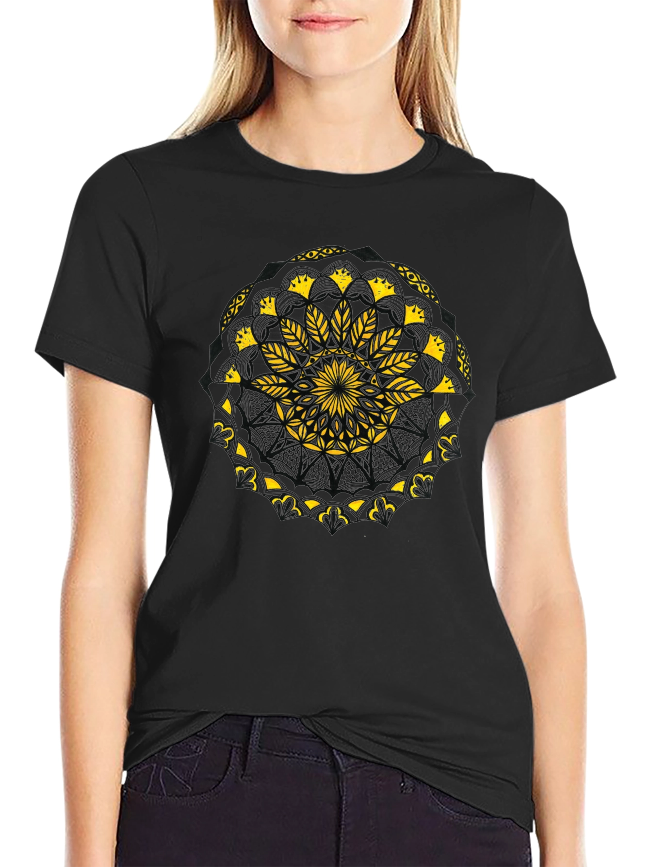 Black T-Shirt with Yellow Mandala Design