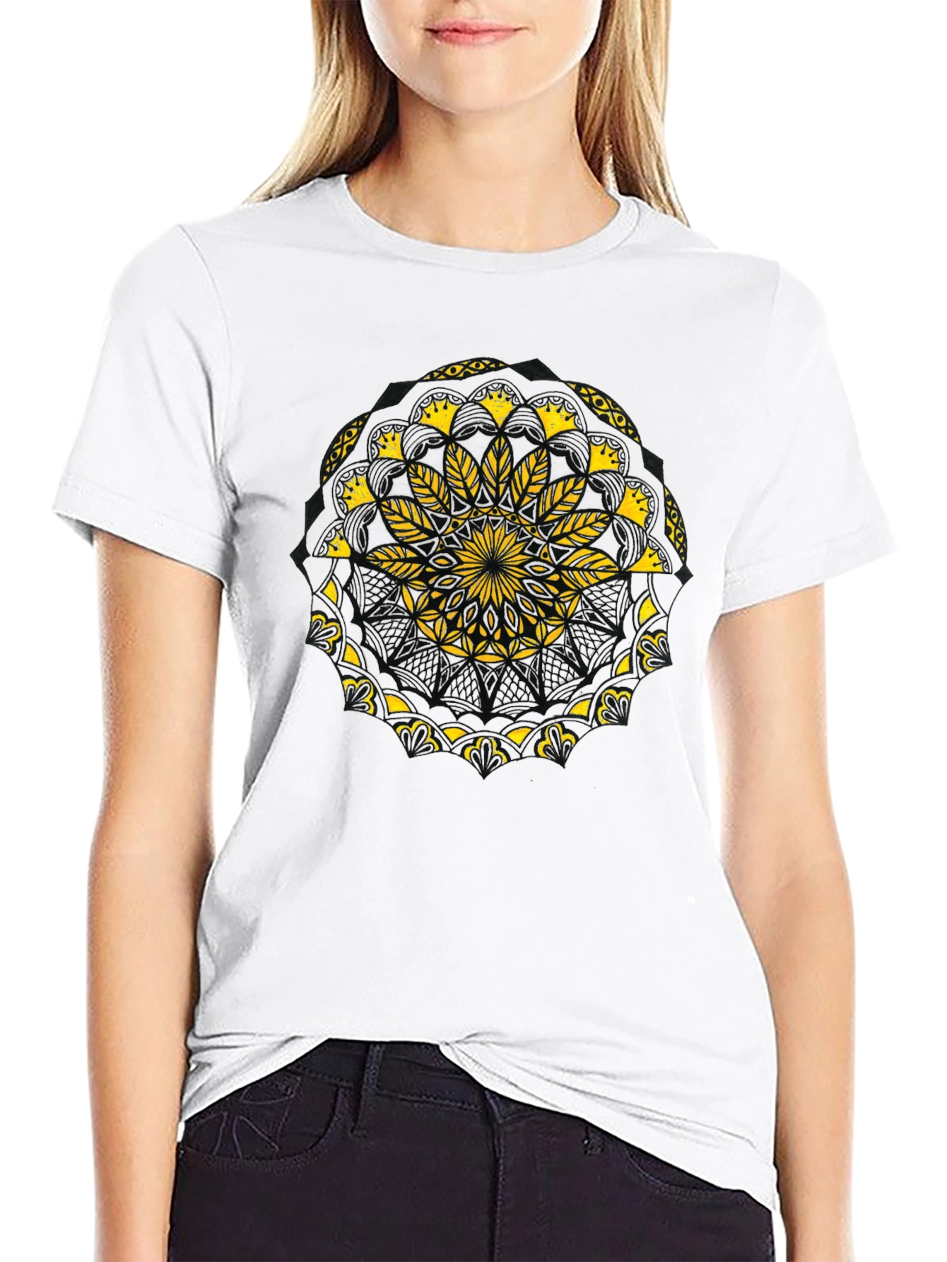 Black T-Shirt with Yellow Mandala Design