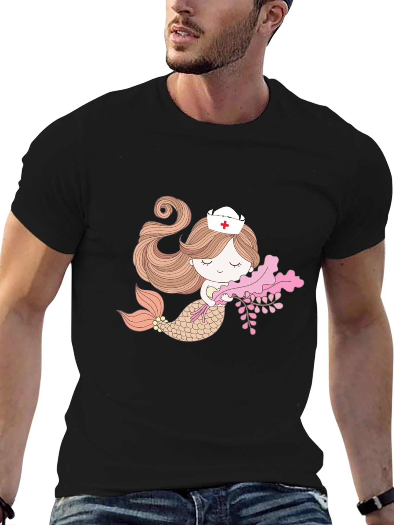 Mermaid Nurse Graphic Tee - Black Cotton T-Shirt