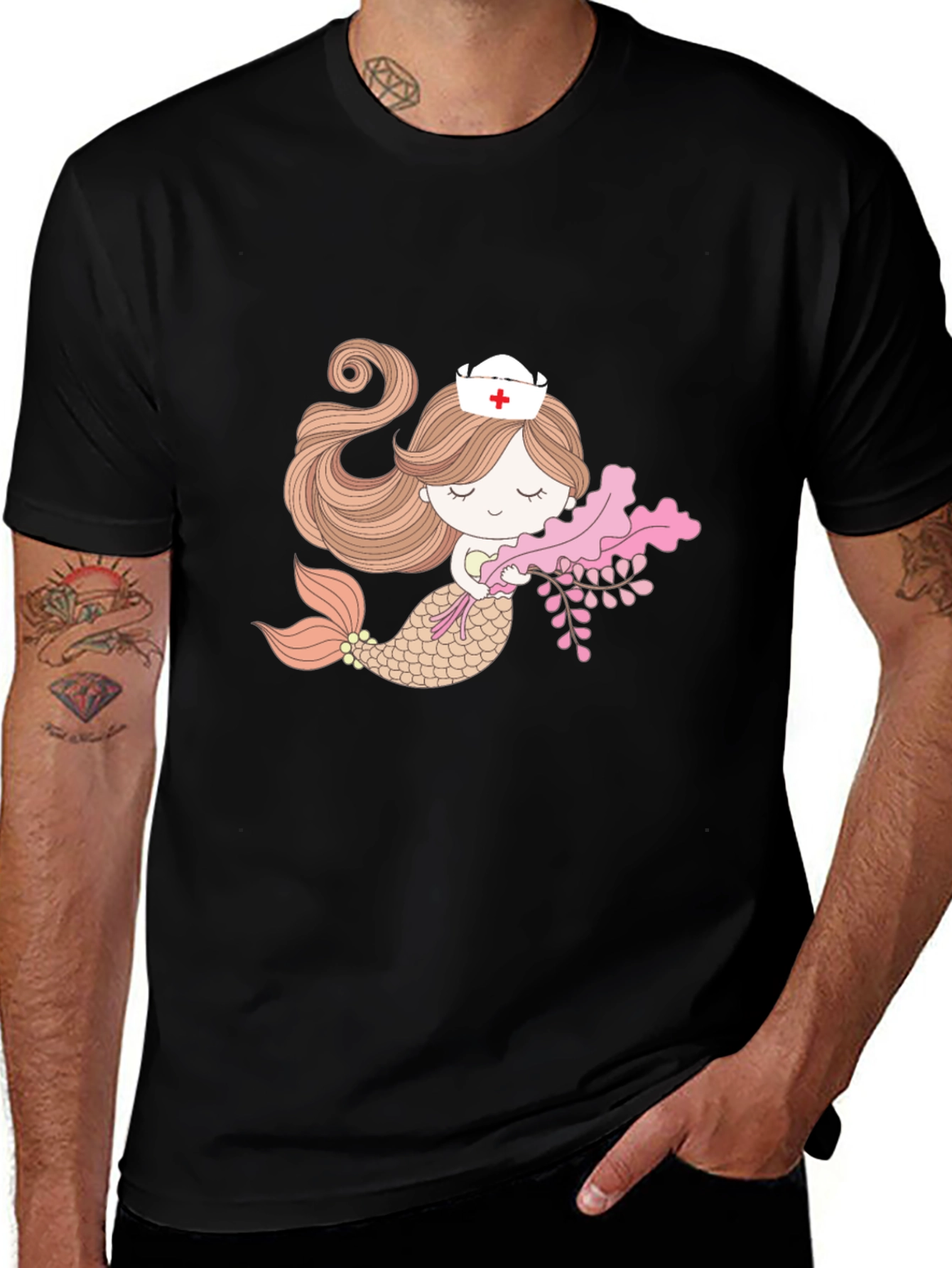 Mermaid Nurse Graphic Tee - Black Cotton T-Shirt