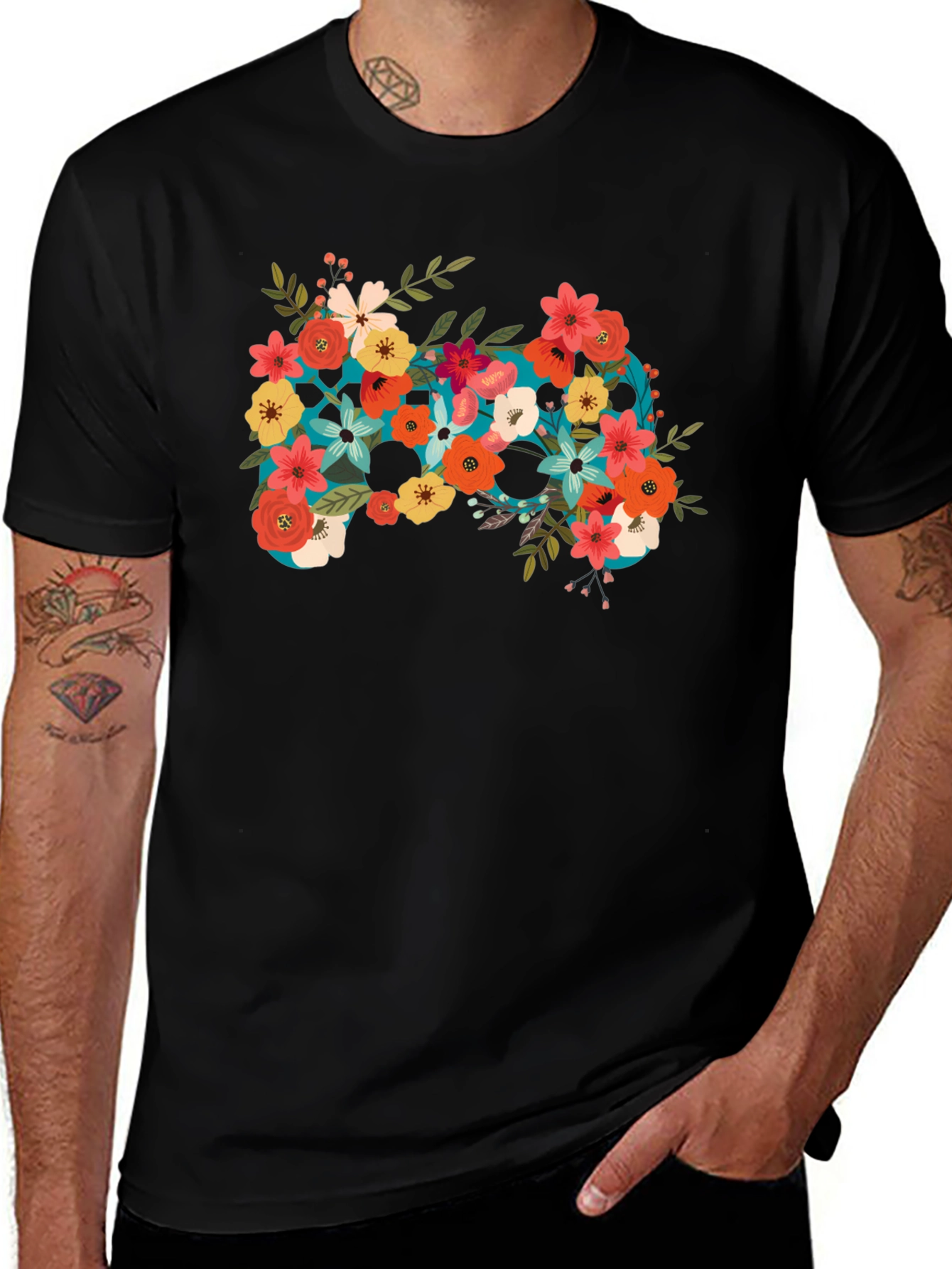 Floral Controller Graphic Black T-Shirt