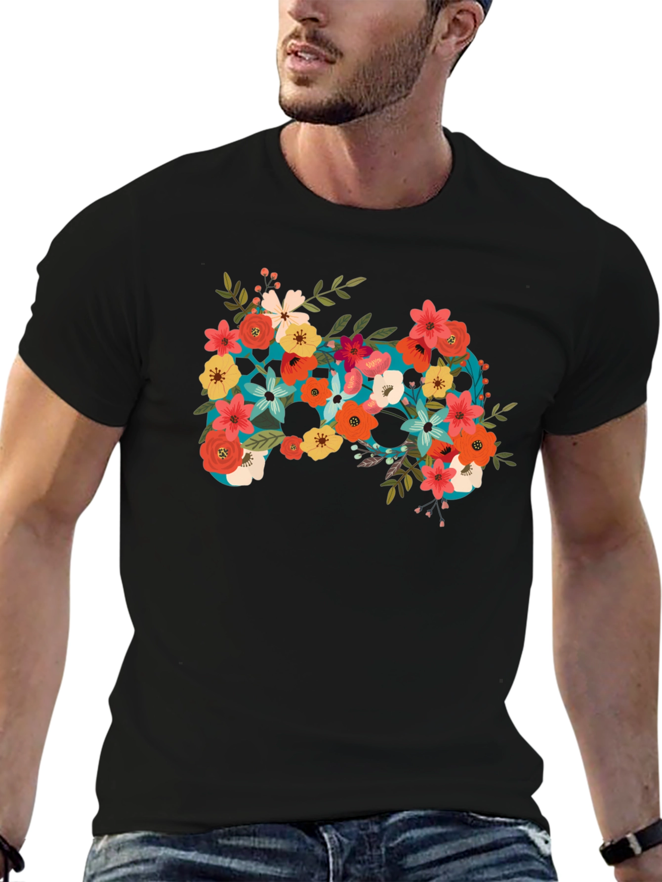 Floral Controller Graphic Black T-Shirt