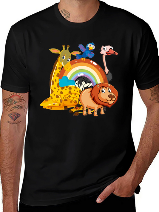 Cartoon Animals on Rainbow Graphic Black T-Shirt
