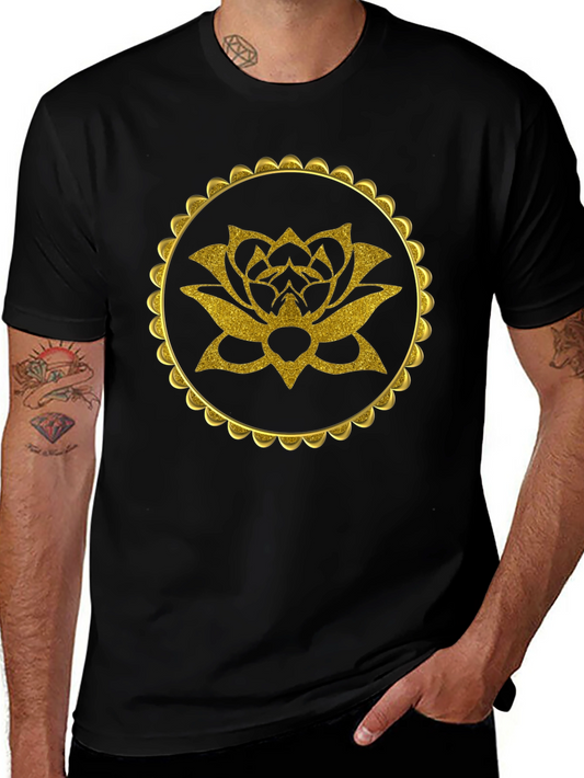 Gold Lotus Flower Graphic Black T-Shirt