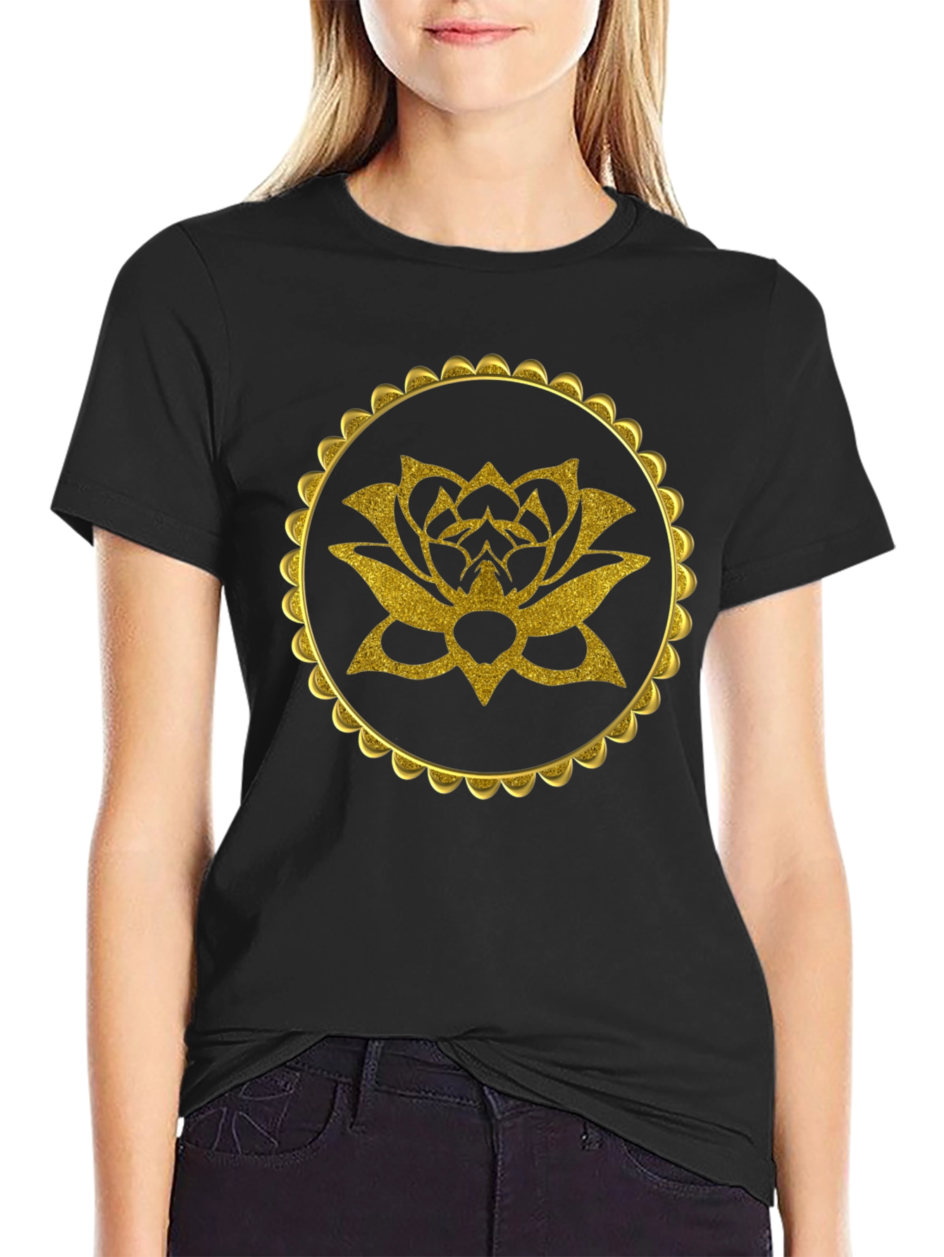 Gold Lotus Flower Graphic Black T-Shirt